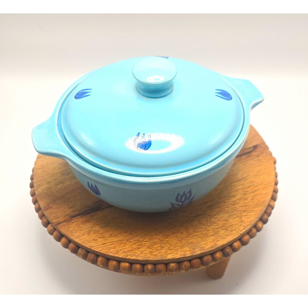 Vintage 1950s Cronin Blue Tulip Covered Casserole Dish Ceramic With Lid Mid CENT